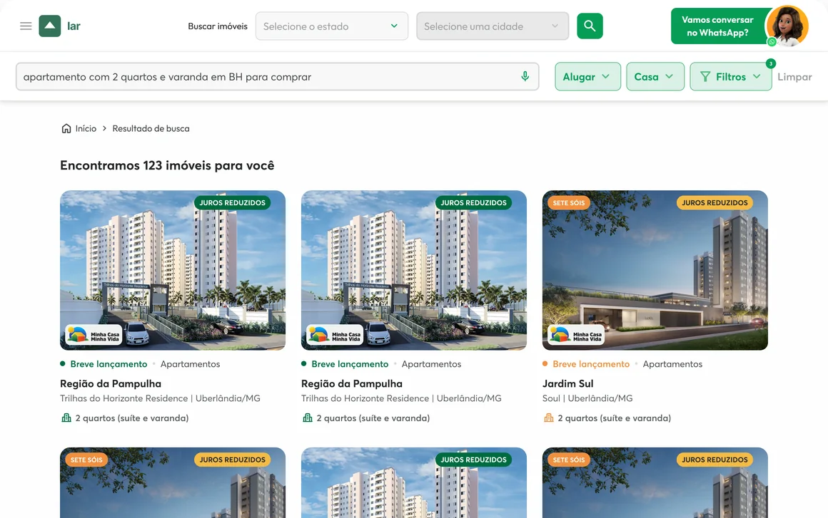 Resultado da busca com IA: 'Encontramos 123 imóveis para você', com os filtros entendidos (Alugar, Casa, Filtros) ao lado do campo.