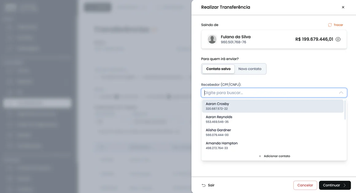 O novo seletor: um dropdown com busca, onde a pessoa digita e seleciona o contato no mesmo campo.