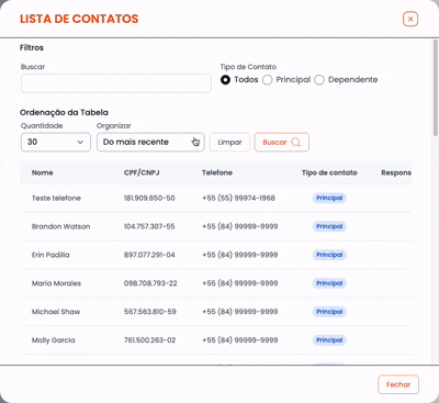 Gravação do modal antigo 'Lista de contatos', com filtros, busca duplicada e tabela com rolagem nas duas direções.