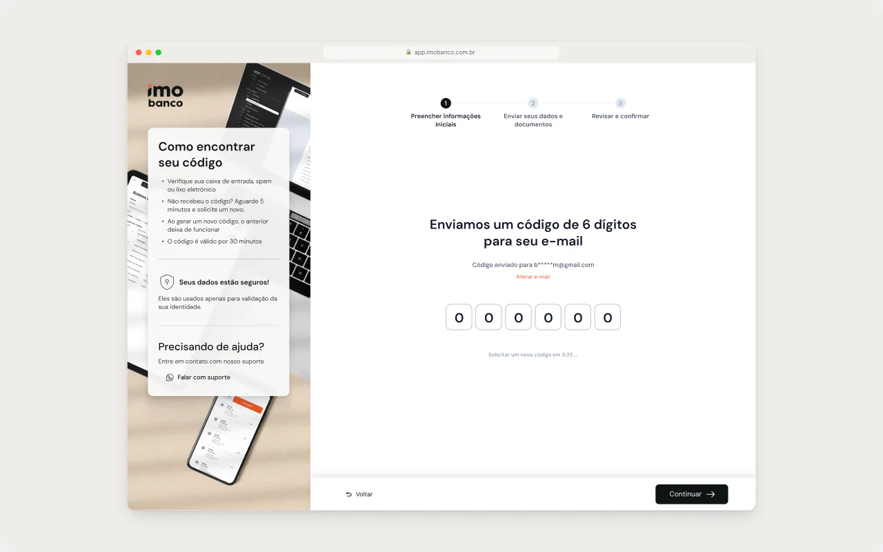 Validação do e-mail: Código de 6 dígitos no lugar do link.